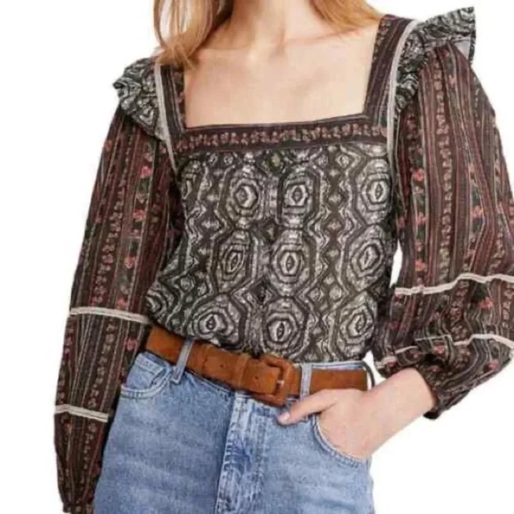 Free People Mostly Meadow Puff Sleeve Ruffle Shoulder Blouse Black
